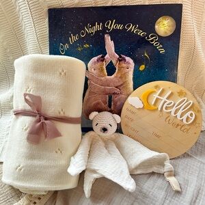 Baby Gift Set: Cream Baby Blanket with Book and Bear Toy